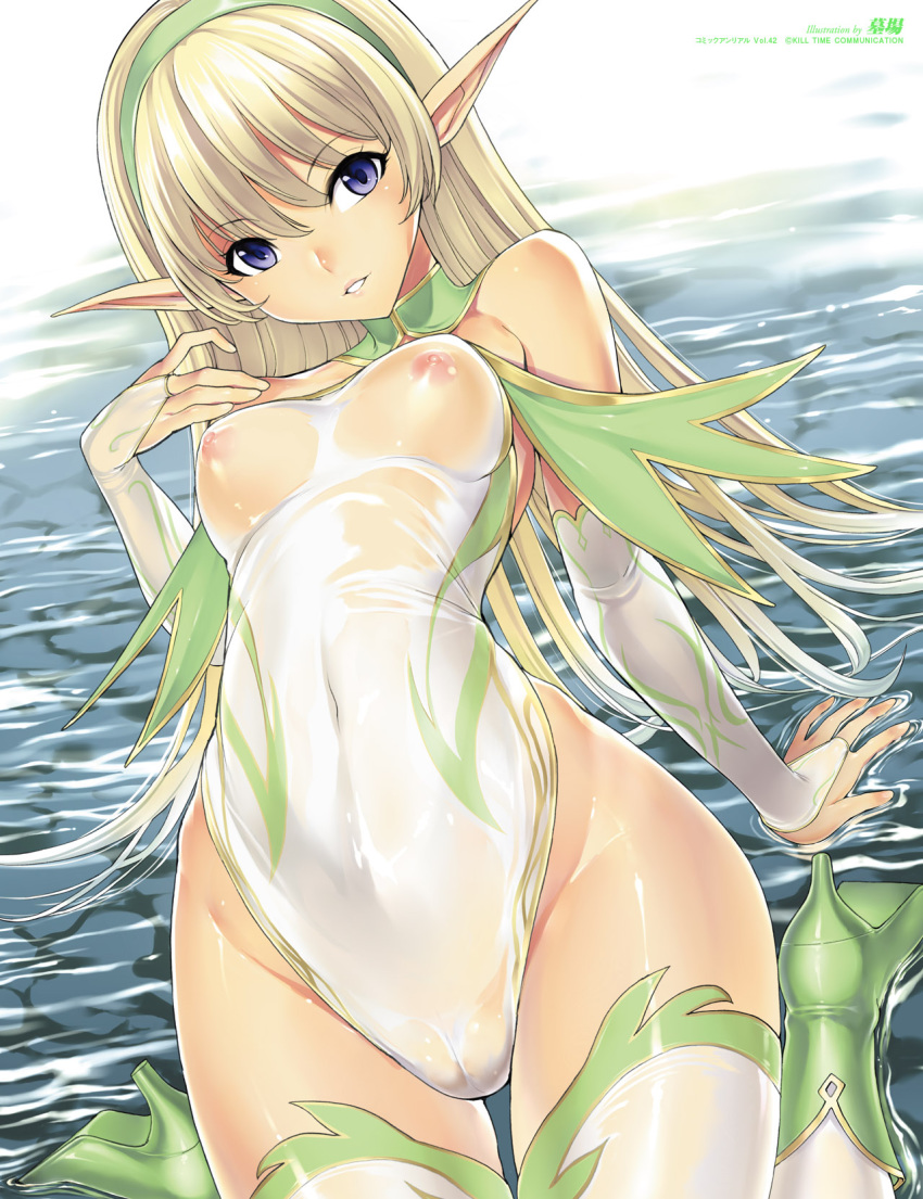 bare_shoulders blonde_hair breasts bridal_gauntlets cameltoe clothed_navel collar covered_navel elf female hairband hakaba_(dairiseki) high_heels highres kneeling leotard long_hair nipples original pointy_ears puffy_nipples purple_eyes revealing_clothes see-through shoes smile solo thighhighs water wet white_legwear wide_hips