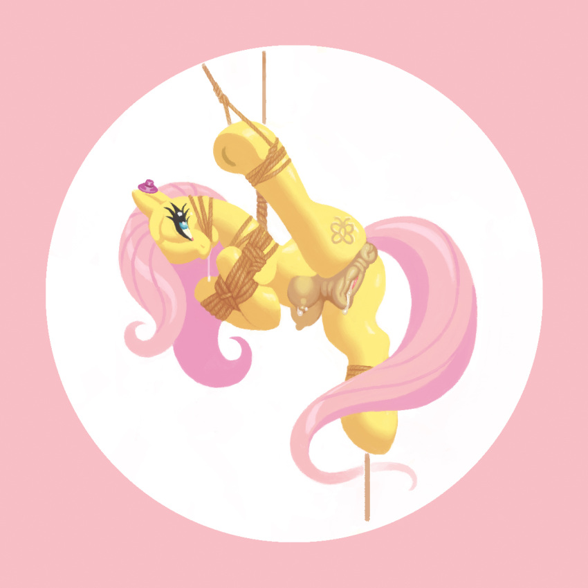 anus ass bondage bound chaosrruruus crotchboob crotchboobs cutie_mark drooling equine eyelashes female fluttershy_(mlp) friendship_is_magic fur gag hair horse long_hair mammal my_little_pony pink_hair pony pussy pussy_juice rope saliva solo suspension yellow_fur