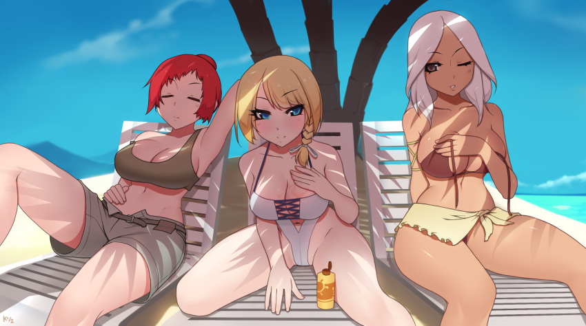 aurora_(zero_one) beach bikini blonde_hair breasts cleavage kuroonehalf large_breasts livia_(zero_one) palm_tree red_hair seraphina_(zero_one) tanned_skin white_hair