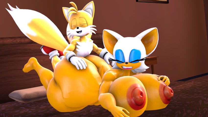 1boy 1girls 3d bed bedroom blueapple closed_eyes female happy_sex huge_ass huge_breasts larger_female male penetration rouge_the_bat sonic_(series) super_tails tagme tails voluptuous