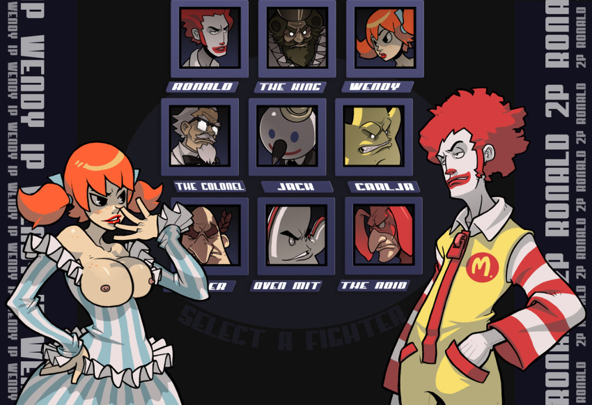 1boy 1girls afro arby's breasts burger_king carl's_jr. colonel_sanders domino's_pizza douglas_harvey fake_screenshot glasses jack jack_box jack_in_the_box kfc little_caesar little_caesars mascot mcdonald's nipples orange_hair parody pizza_hut red_hair ronald_mcdonald text the_king_(burger_king) the_noid twintails wendy's wendy_thomas