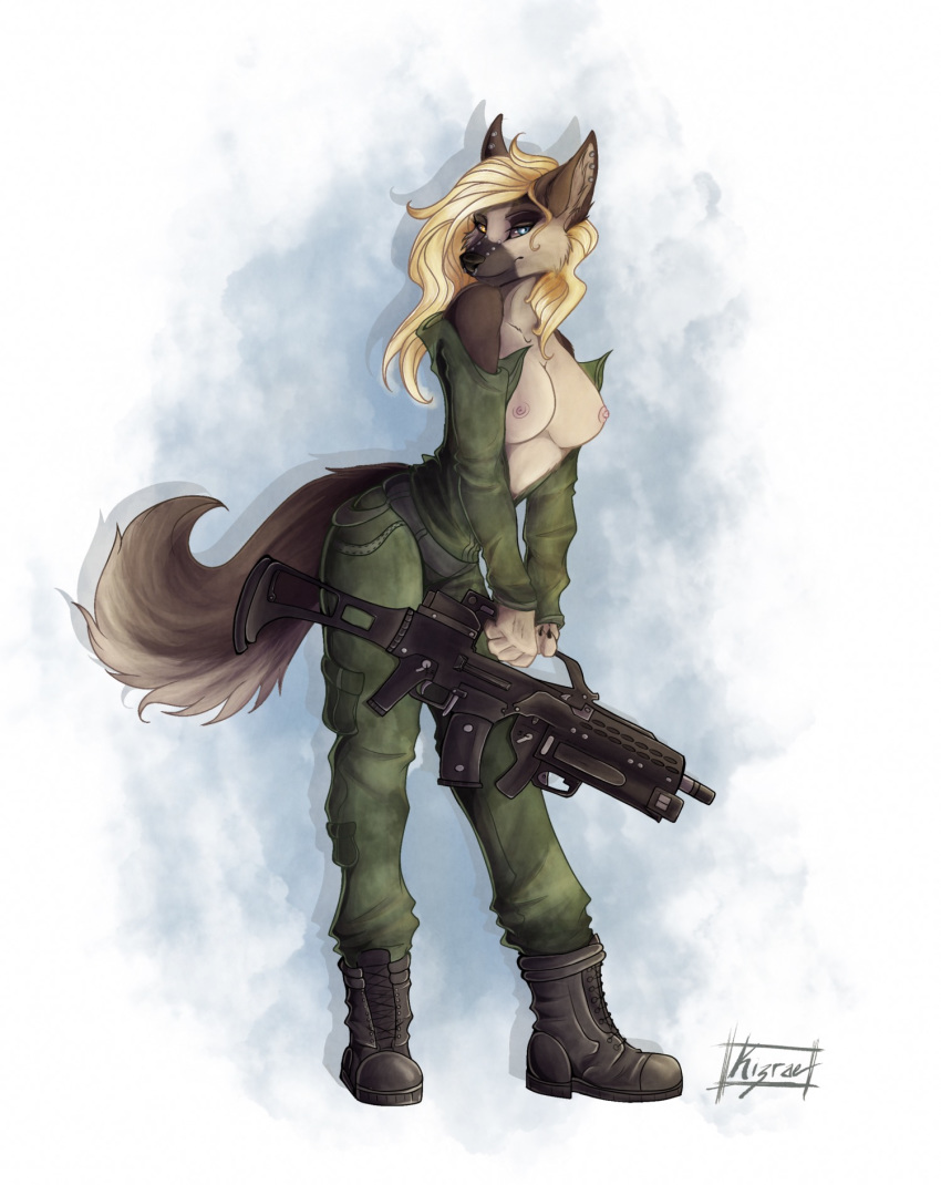 1girls anthro blonde_hair breasts breasts_out canid canine canis clothed clothing domestic_dog female female_only fingers flashing fully_clothed g36 german_shepherd glowing glowing_eyes hair herding_dog heterochromia hi_res holding_object holding_weapon invalid_tag kizrae looking_at_viewer mammal natasha_klopov nipples pastoral_dog ranged_weapon simple_background smile solo top uniform weapon