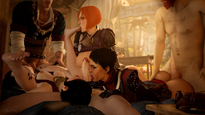 3boys 3d 3d_(artwork) 3girls ambiguous_penetration areolae ass atlassfm barefoot bioware black_hair black_toenails bob_cut breasts cassandra_pentaghast cd_projekt_red closed_eyes clothing crossover doggy_style dragon_age dragon_age_inquisition feet_up fellatio hand_on_ass hand_on_thigh hjalmar_an_craite leliana licking_penis licking_toes light-skinned_male morrigan_(dragon_age) nipples olgierd_von_everec oral orange_hair partially_clothed penis pubic_hair red_hair short_hair spread_legs the_witcher_(series) the_witcher_3:_wild_hunt