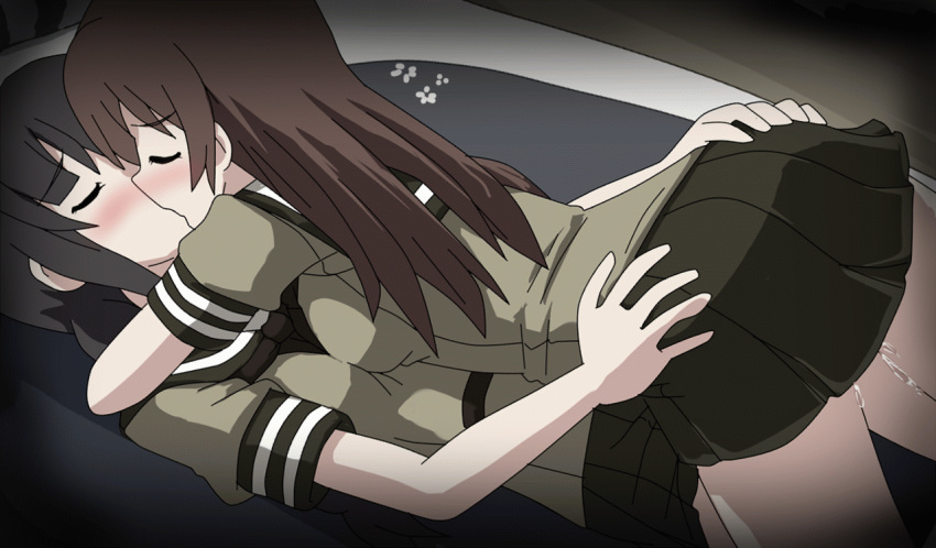 2girls animated black_hair blush brown_hair closed_eyes female hangaku kantai_collection kissing kitakami_(kantai_collection) long_hair multiple_girls ooi_(kantai_collection) pleated_skirt pussy_juice school_uniform serafuku skirt yuri