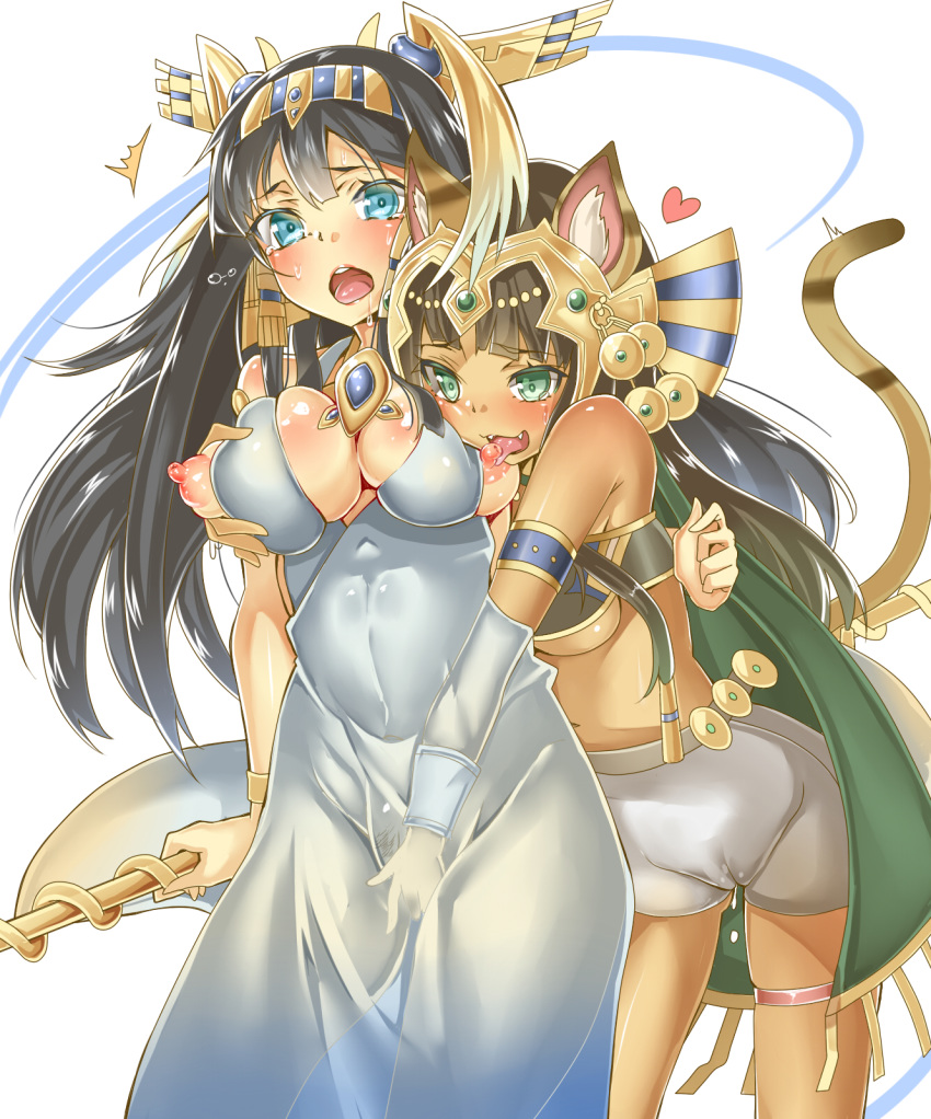 2girls animal_ears aqua_eyes bastet_(p&d) black_hair blush breast_grab breasts brown_hair cat_ears cat_tail dark_skin dress erect_nipples green_eyes headband heart highres isis_(p&d) kukkumann large_breasts licking long_hair medium_breasts multiple_girls open_mouth puffy_nipples pussy_juice puzzle_&_dragons staff tail tears