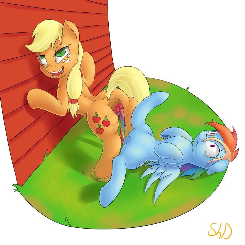 2014 absurd_res anus applejack_(mlp) ass blonde_hair blue_fur cutie_mark duo equine female feral freckles friendship_is_magic fur green_eyes hair hi_res horse lying mammal multicolored_hair my_little_pony on_back orange_fur pegasus pony rainbow_dash_(mlp) rainbow_hair shdingo vore wings yuri