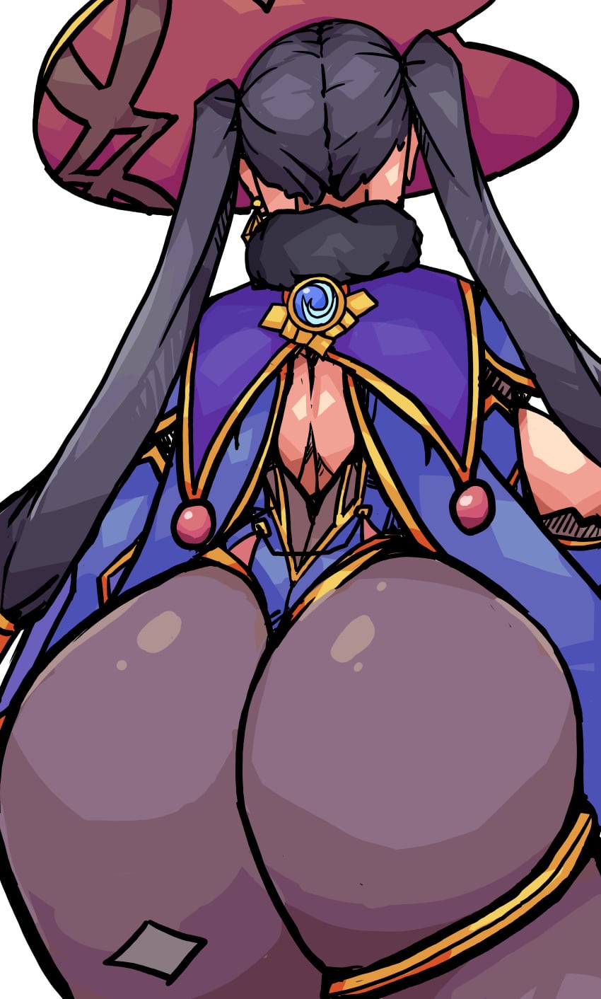 1girls 2025 2d 2d_(artwork) ass back back_view behind behind_view big_ass big_butt black_hair bubble_ass bubble_butt butt clothed clothing color colored digital_media_(artwork) female female_only genshin_impact hair hat hi_res hoyoverse legwear light-skinned_female light_skin long_hair mihoyo mona_(genshin_impact) simple_background solo sukoburukurage thick_thighs thighs video_game_character video_games viewed_from_behind white_background
