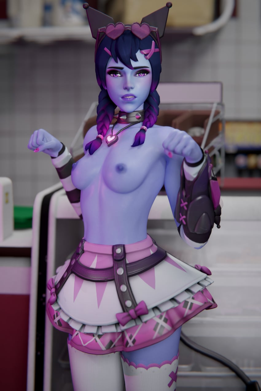 1girls 3d areolae blender blizzard_entertainment blue_hair blue_skin breasts enigmaj female female_focus female_only looking_at_viewer nipples overwatch skirt small_breasts solo_female thighhighs topless widowmaker