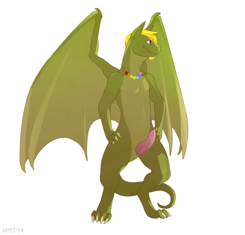 1boy 2014 amit anthro beads beard big_ears big_feet blonde_hair blue_eyes claws digitigrade dragon facial_hair genital_slit green_skin hair hands_on_hips long_ears luketh male male_only nude penis plain_background presenting scalie smile solo standing two_tone_skin white_background wings