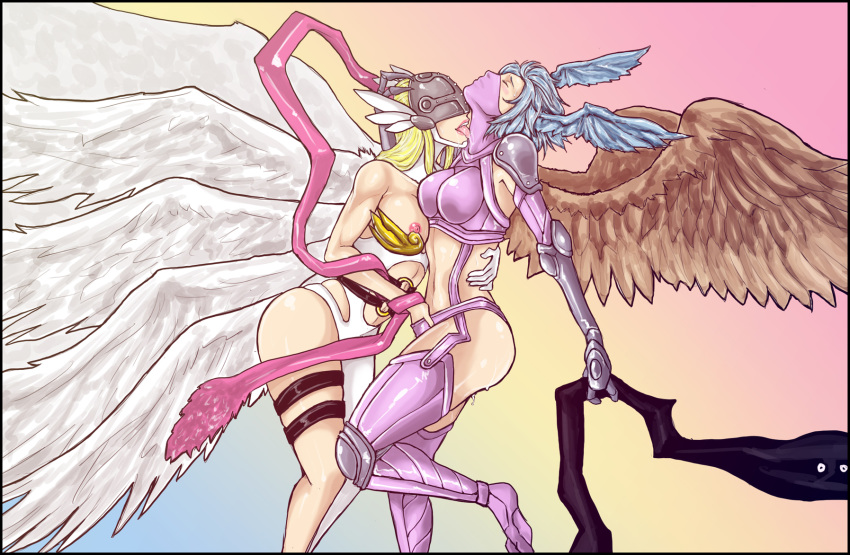 2014 2_wings 2girls 8_wings angel angewomon areola ass blonde_hair blue_hair blush breasts cleavage closed_eyes clothed clothing dick_hammersmith digimon digimon_adventure digimon_frontier drooling erect_nipples eyelashes feathers female fingering footwear gauntlets gloves hair half-dressed happy head_wings headgear helmet hi_res highres human juice licking long_gloves long_hair mammal mask medium_breasts monster_girl multiple_girls nipples open_mouth penetration pussy_juice saliva short_hair shutumon smile sweat teeth thigh_strap thighhighs tongue tongue_out vaginal_penetration voluptuous wince wings yuri zephyrmon