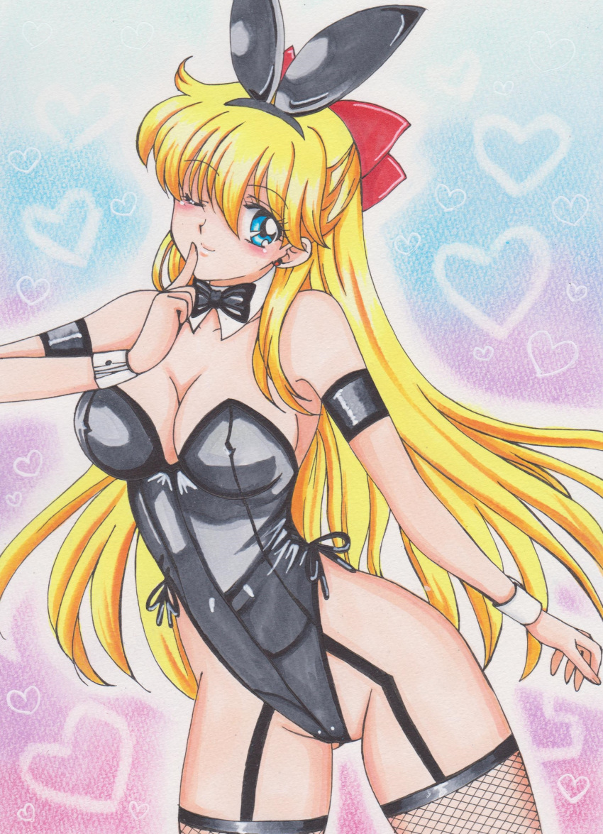 1girls armband bishoujo_senshi_sailor_moon blonde_hair blue_eyes bow bowtie bunny_costume bunny_ears bunny_girl bunnysuit cleavage clothing detached_collar earrings female female_only finger_to_mouth fishnet_legwear fishnet_stockings fishnets garter_belt garter_straps heart human leotard long_hair medium_breasts minako_aino rascal_(n119) smile solo stockings thighhighs traditional_media very_long_hair wink wrist_cuffs