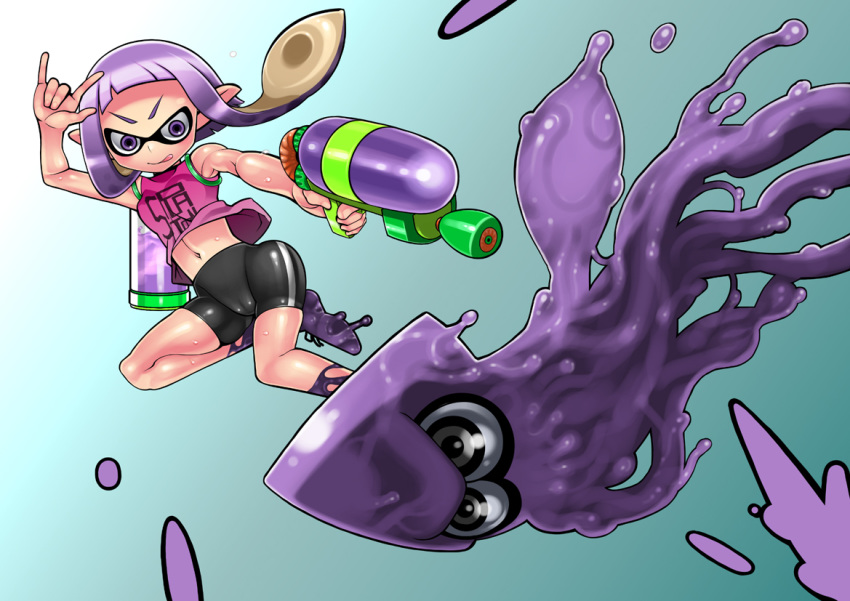 1girls 1other anthro bike_shorts blush breasts cameltoe cephalopod female hair humanoid ink inkling inkling_girl inkling_squid light-skinned_female light_skin long_hair nintendo purple_eyes purple_hair purple_ink shooter shooter_(splatoon) shorts smooth_skin splatoon splatoon_(series) splattershot squid tentacle tentacle_hair unknown_artist