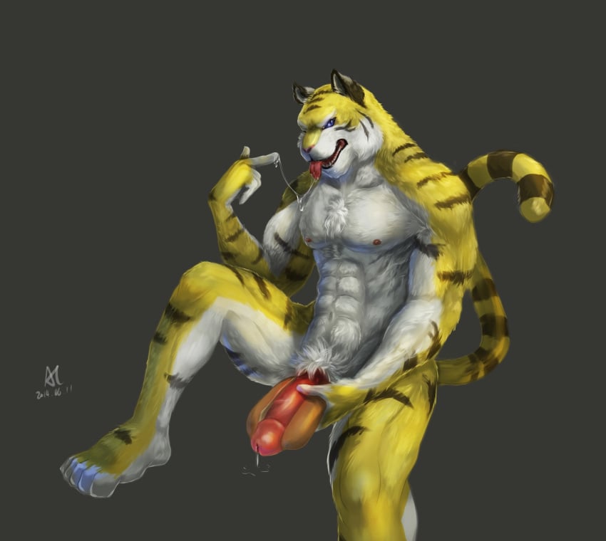 1boy 2014 abs anthro biceps chest_tuft claws drooling fangs feline food fur hair_bun hot_dog humor looking_at_viewer lounging male male_only mammal muscles open_mouth paws penis penis_hot_dog precum pun saliva solo stripes suggestive_food teeth tiger tongue tongue_out tuft wicked 阿狼