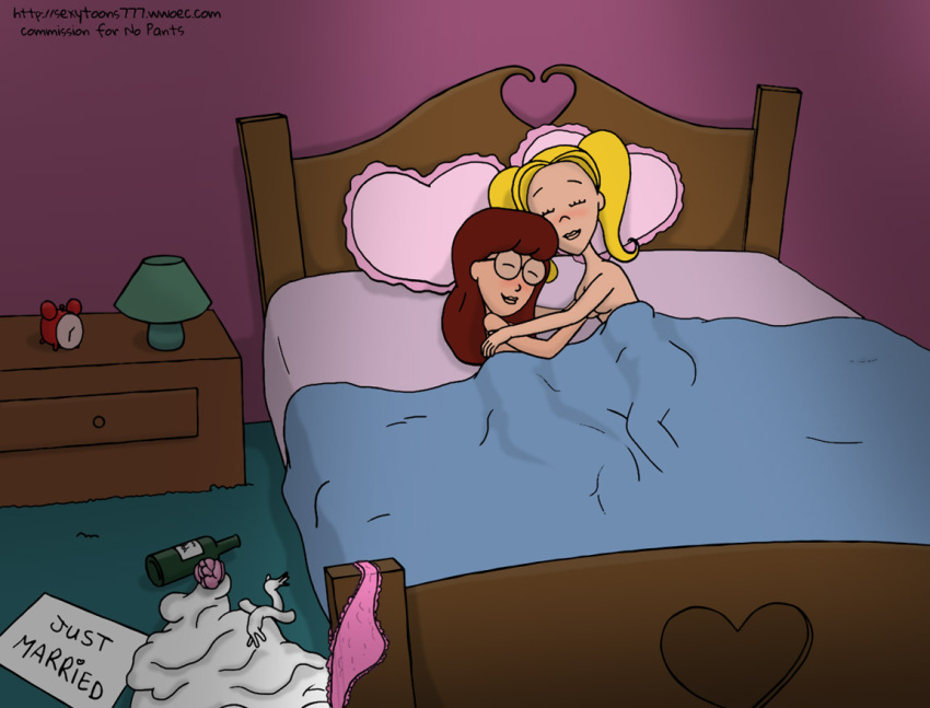 2girls bedroom brittany_taylor cuddling daria daria_morgendorffer female female_only implied_marriage in_bed multiple_girls nude panties sexytoons777 sign sleeping wedding_dress wine_bottle yuri