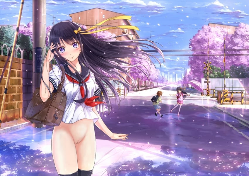 black_hair blue_eyes blush cherry_blossoms city kazeno long_hair navel nopan original petals photoshop pussy seifuku skirt thighhighs tree umbrella uncensored