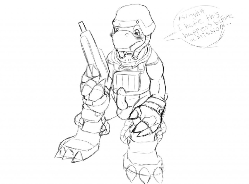 commandramon digimon embarrassed english_text erection gun heibanhikaru male male_only monochrome penis ranged_weapon sitting sketch soldier solo testicles text weapon