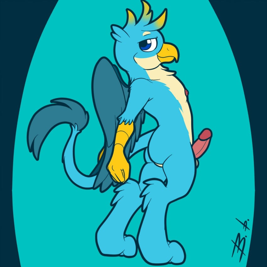 anthro ass avian bassywolfeh better_version_at_source blue_eyes friendship_is_magic gallus_(mlp) gryphon looking_back male male_only my_little_pony nipples penis solo standing