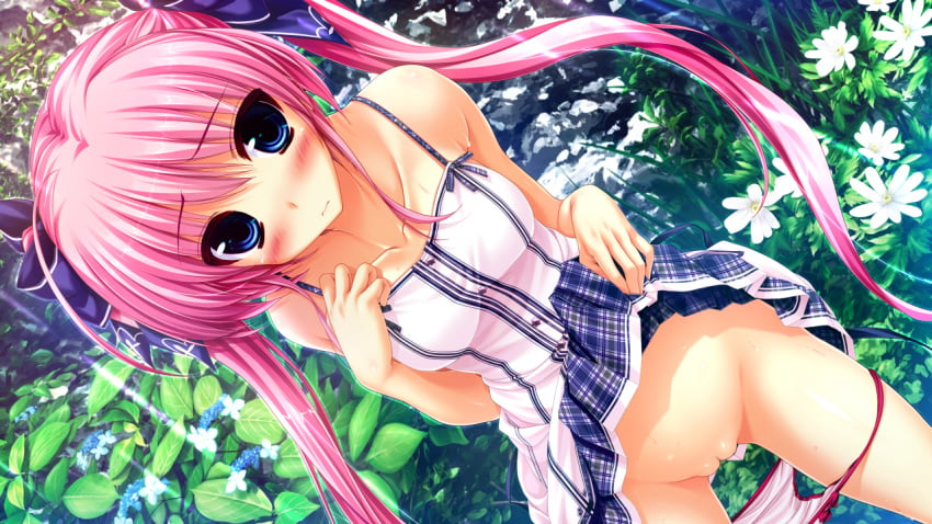 benifuji_yuria blue_eyes blush flowers game_cg leaves long_hair nopan oshiki_hitoshi pink_hair pussy sakigake_generation skirt skirt_lift tied_hair twintails uncensored