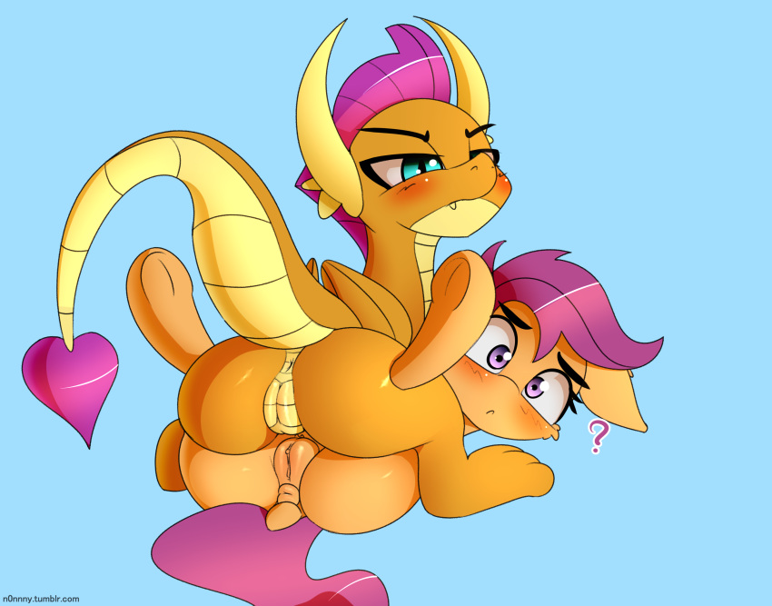 2018 ? anus ass blush digital_media_(artwork) dock dragon duo equine eyelashes female friendship_is_magic hair hair_on_head hi_res hooves mammal my_little_pony n0nnny purple_hair pussy scootaloo_(mlp) simple_background smolder_(mlp) underhoof wings young