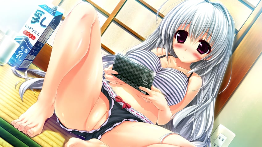 :< barefoot black_bra black_panties blush bow bow_panties bra dutch_angle feet female female frilled_panties frills game_cg glass kaido_ririko knee_up legs long_hair lying milk_carton navel nintendo_ds oshiki_hitoshi panties panties_aside purple_eyes pussy sakigake_generation! silver_hair sitting solo spread_legs striped striped_bra tatami thighs toes uncensored underwear underwear_only