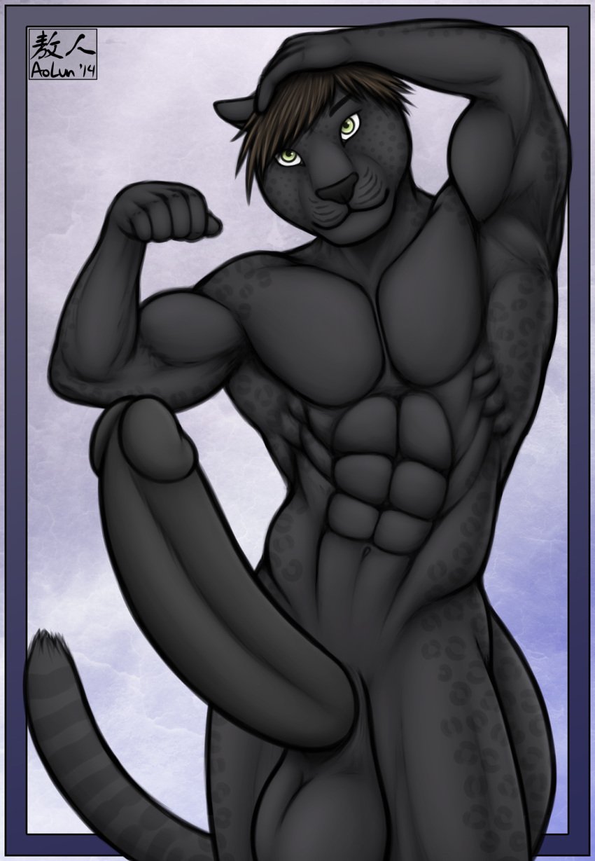 2014 abs anthro aolun aolun_(artist) balls biceps big_balls big_penis black_fur black_nose black_panther black_penis body_markings brown_hair erection feline flexing fur green_eyes hair huge_cock humanoid_penis hyper hyper_penis jockstrap leopard looking_at_viewer male male_only mammal markings muscles nude panther pecs penis plain_background pose solo spots toned underwear