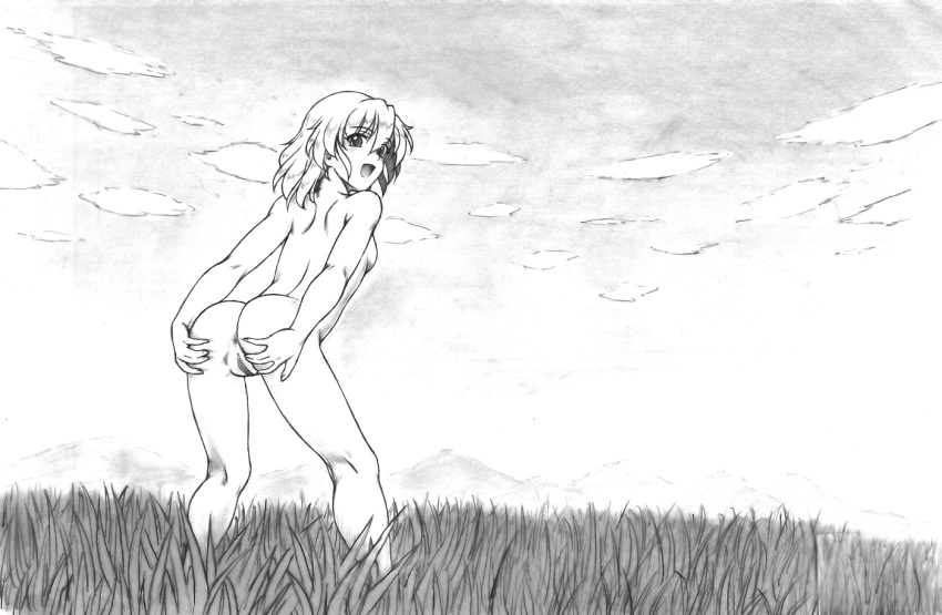 anus ass bare_back female from_behind graphite_(medium) greyscale harumachi_nagaaki looking_at_viewer looking_back monochrome nude original outdoors pussy solo spread_ass standing traditional_media