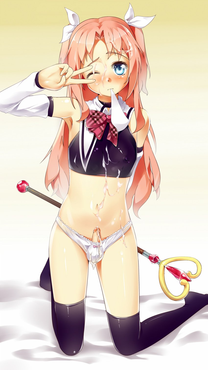 1boy androgynous arikawa_hime balls_in_panties bow bulge crossdressing cum femboy himegoto male male_only panties penis shuffle_(songdatiankong) simple_background solo tagme trap