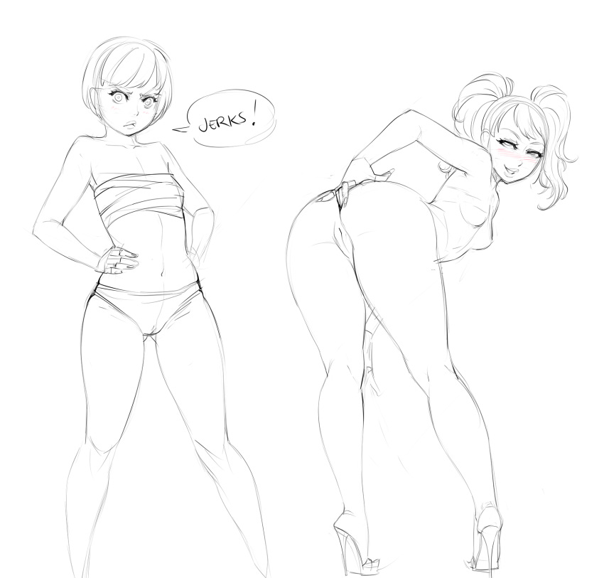 2girls ass bent_over blush covering_anus female flat_chest hands_on_hips high_heels highres kujikawa_rise legoman monochrome multiple_females open_toe_shoes panties persona persona_4 pussy sarashi satonaka_chie short_hair sketch small_breasts stiletto_heels tied_hair twintails underwear very_high_heels