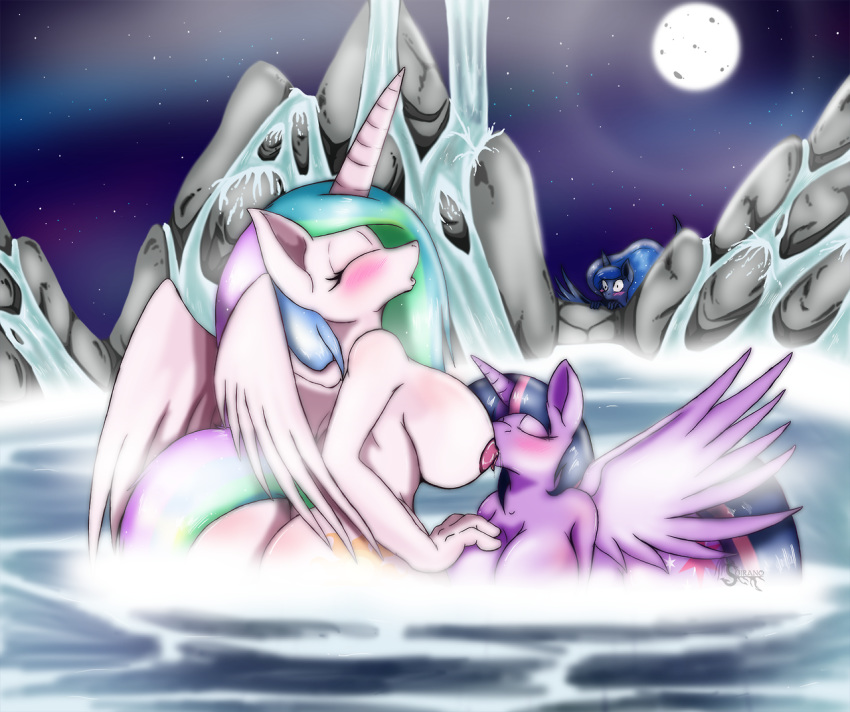 2014 alicorn anthro anthrofied blue_fur blue_hair blush breast_sucking breasts closed_eyes cutie_mark equine female friendship_is_magic fur group hair horn hot_spring mammal moon multicolored_hair my_little_pony nude outdoors outside princess_celestia_(mlp) princess_luna_(mlp) princess_twilight_sparkle_(mlp) purple_fur purple_hair suirano twilestia twilight_sparkle_(mlp) water white_fur wings yuri