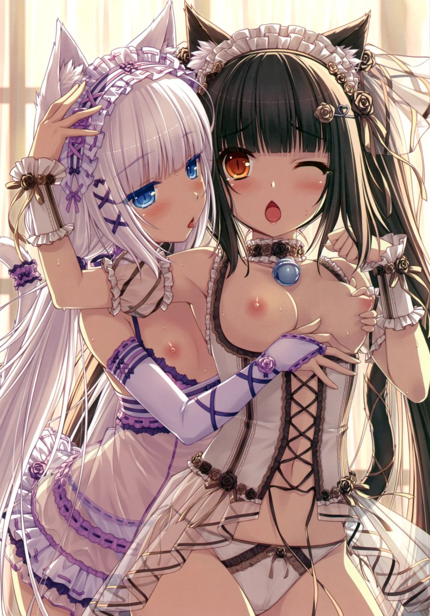 2girls animal_ears bell black_hair blue_eyes blush bow breast_grab breasts catgirl chocola_(sayori) choker corset dress elbow_gloves female female_only flat_chest flowers headdress lolita_fashion multiple_girls nekopara nipples orange_eyes panties ribbons rose sayori scan see-through tail underwear vanilla_(sayori) wet white_hair wink yuri