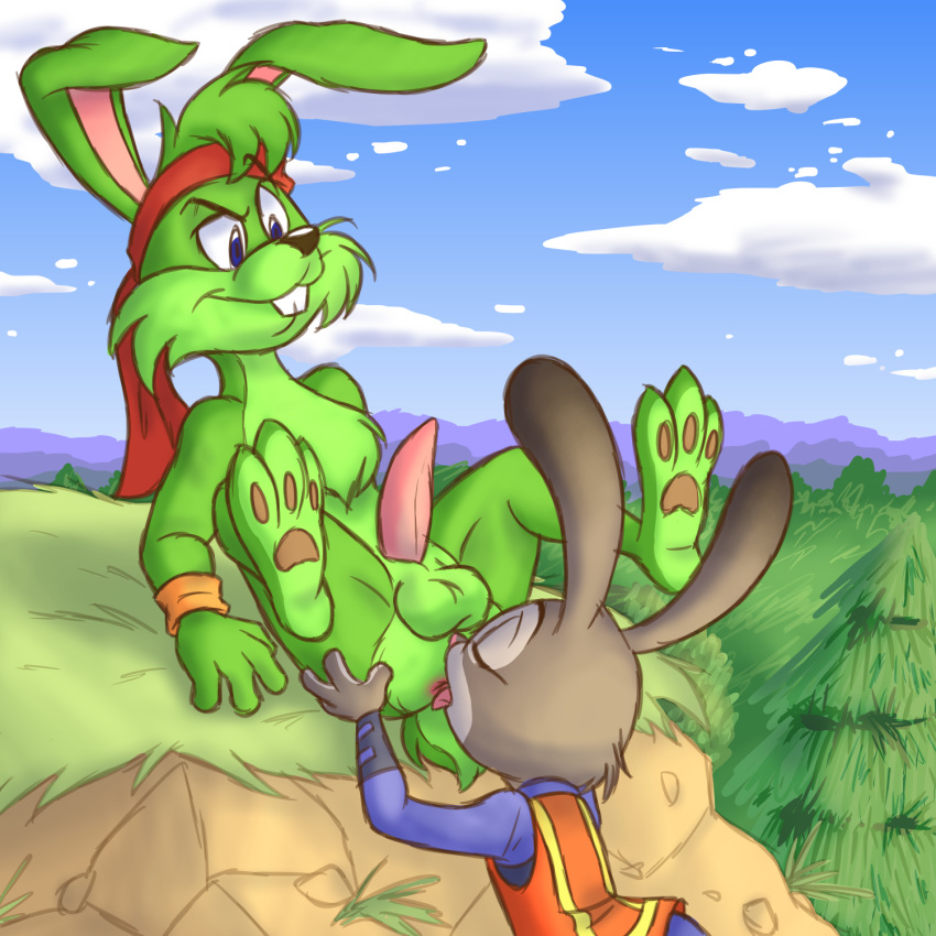 anal anthro anus balls clothing crossover detailed_background disney duo erection feet female flat_chested forest grin hi_res jazz_jackrabbit jazz_jackrabbit_(series) judy_hopps ladysomnambule lagomorph male mammal oral outside paws penis police rabbit rimming sex smile straight tree uniform wilderness zootopia