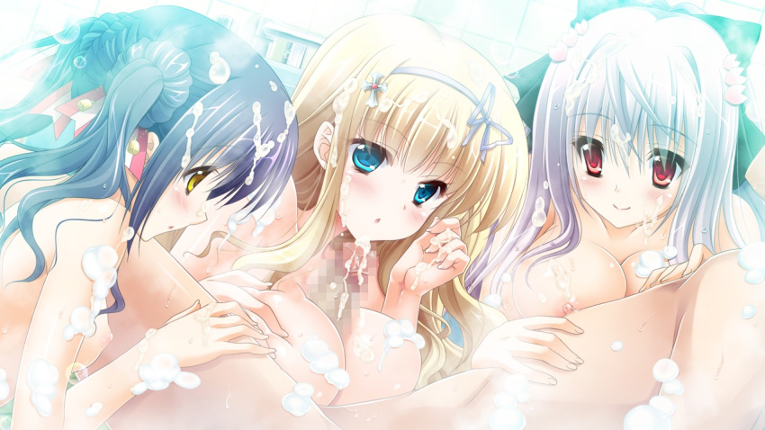 3-nin_iru! 3girls bell blonde_hair blue_eyes blush breasts censored collarbone female game_cg hair_ornament hairband kuga_valencia_reiri long_hair male medium_breasts mibuno_suzume multiple_females nakase_nagisa nipples nude open_mouth paizuri penis red_eyes smile straight suzui_narumi tied_hair twintails yellow_eyes