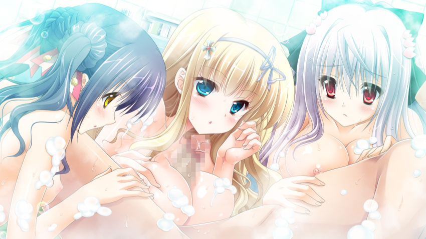 3-nin_iru! 3girls bell blonde_hair blue_eyes blush breasts censored collarbone female game_cg hair_ornament hairband kuga_valencia_reiri long_hair male medium_breasts mibuno_suzume multiple_females nakase_nagisa nipples nude open_mouth paizuri penis purple_hair red_eyes straight suzui_narumi tied_hair twintails yellow_eyes