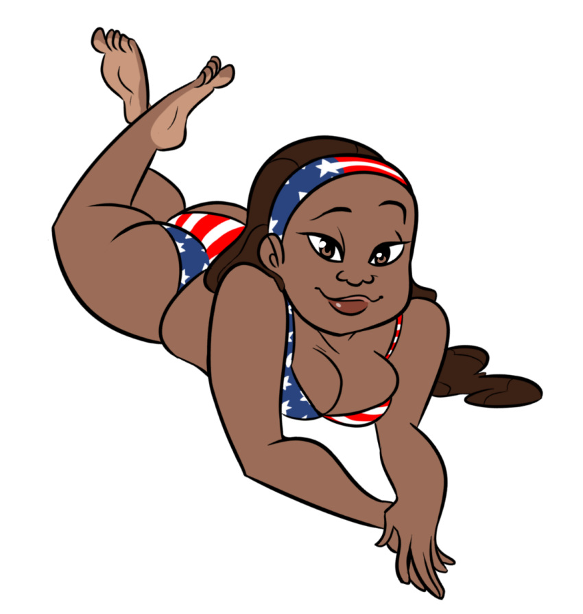 1girls 4th_of_july american_flag american_flag_bikini ass bikini black_hair breasts brown_eyes cleavage danny_phantom dark-skinned_female dark_skin feet female female_only hairband human justindurden latby long_hair lying_down nickelodeon print_bikini shiny shiny_skin smile solo valerie_gray