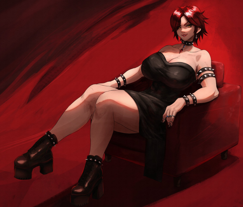 abs armwear background black_nail_polish black_nails breasts chair choker ear_ring female female_only goth goth_girl lipstick lordmagnuss massive_breasts muscular_female oc original_character red_chair rings scarlet_winters spiked_bracelet spikes thick_thighs yellow_eyes