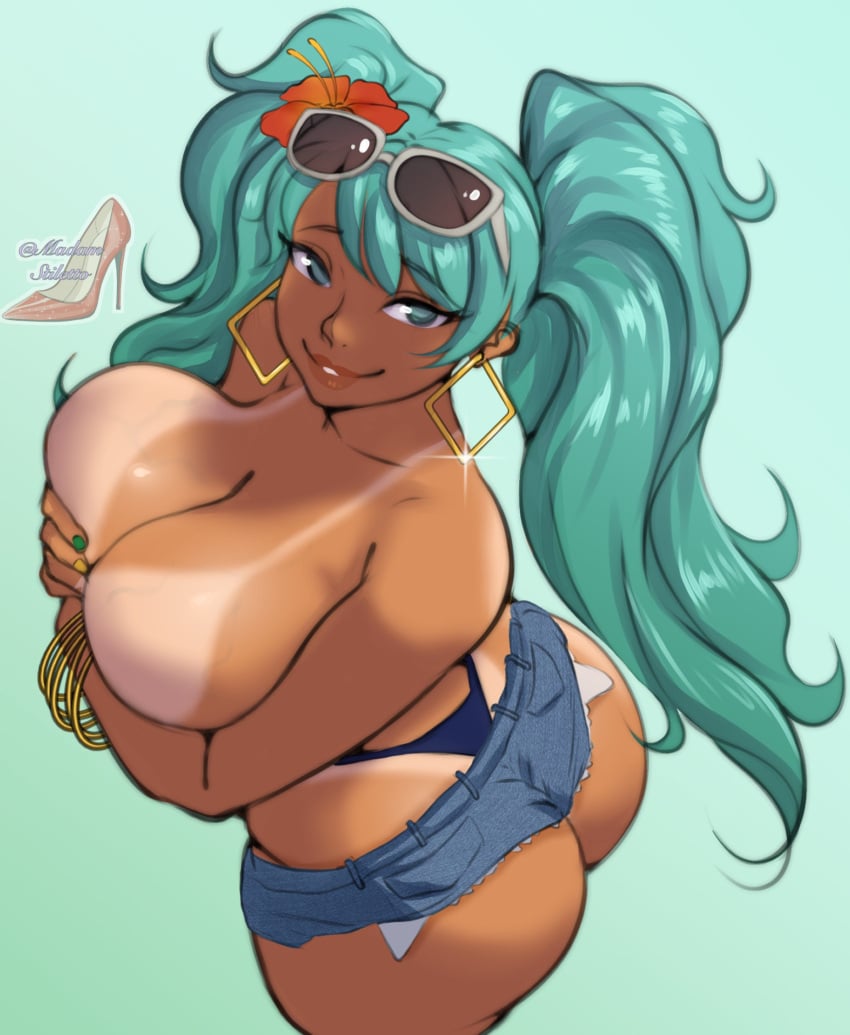 1girls 2d ass big_breasts bikini_bottom bikini_tan blue_eyes bracelet brazil brazilian brazilian_female brazilian_miku breasts bubble_butt busty covering_breasts daisy_dukes denim_shorts earrings female female_focus female_only flower flower_in_hair hatsune_miku hourglass_figure jean_shorts large_breasts long_hair madam_stiletto makeup short_shorts shorts solo standing sunglasses_on_head tagme tan tan_body tan_skin tanline thong thong_bikini topless turquoise_hair twintails vocaloid wide_hips