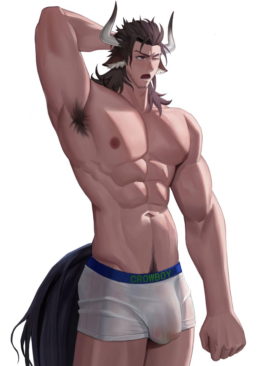 abs absurd_res animal_humanoid arknights armpit_hair body_hair bovid bovid_humanoid bovine bovine_humanoid boxer_briefs brown_hair bulge cattle_humanoid clothed clothing detailed_bulge genital_outline hair hi_res horn humanoid hypergryph male male_only mammal mammal_humanoid matterhorn_(arknights) muscular muscular_male one_eye_closed open_mouth pecs penis_outline portrait pubes simple_background solo studio_montagne tail three-quarter_portrait topless translucent translucent_clothing underwear underwear_only white_background xiaohong723 yawn