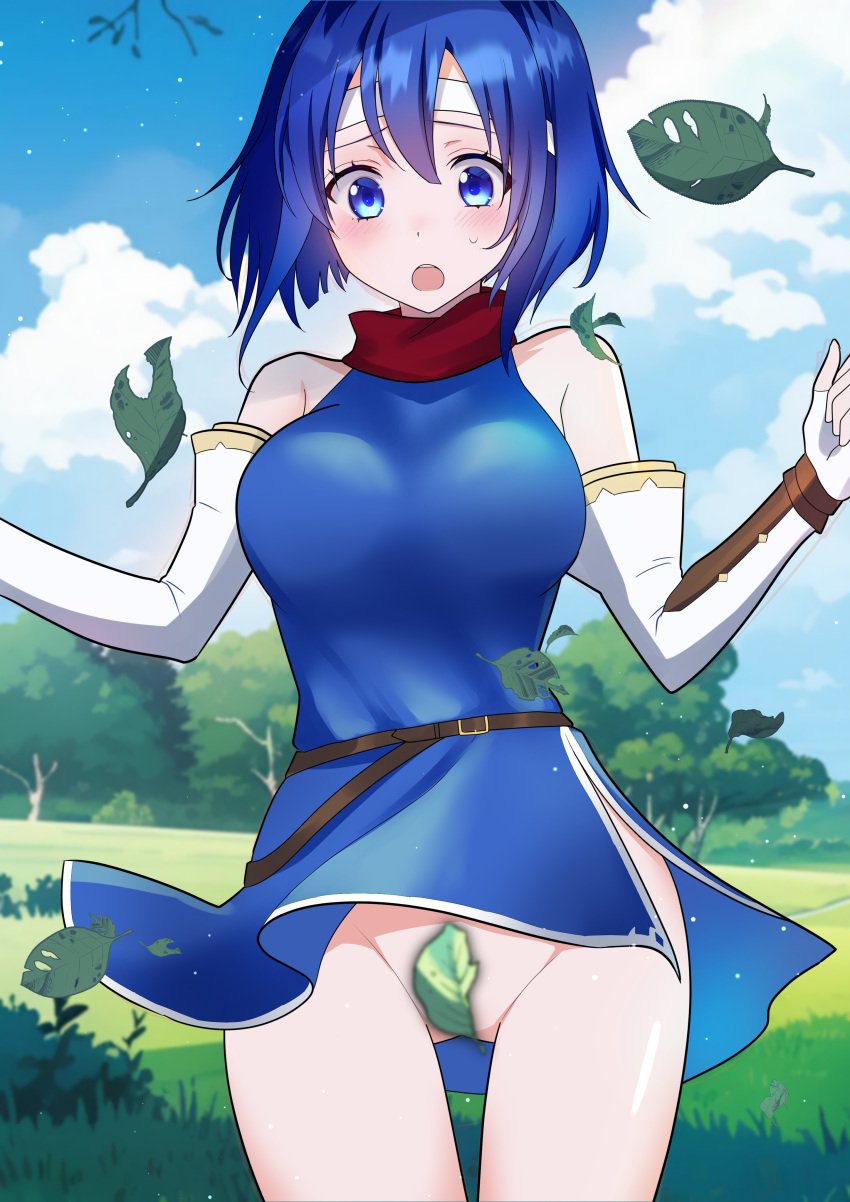 1girls :o accidental_exposure azchemist blue_eyes blue_hair bottomless catria_(fire_emblem) censored convenient_censorship embarrassed female fire_emblem fire_emblem:_mystery_of_the_emblem fire_emblem:_shadow_dragon_and_the_blade_of_light hairband large_breasts nintendo no_panties solo solo_female sweatdrop thighs wind_lift