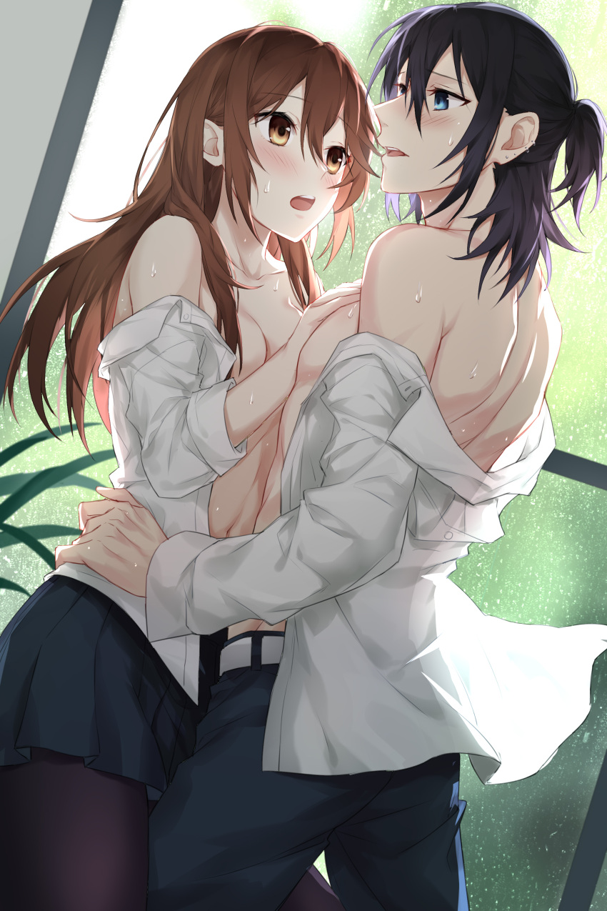 1boy 1girls black_hair blue_eyes blush breasts brown_eyes brown_hair couple devil_heavens female hand_on_another's_chest hand_on_another's_hip hori-san_to_miyamura-kun hori_kyouko horimiya male male/female medium_breasts miyamura_izumi plant school_uniform shirt_down skirt straight sweat thighhighs window