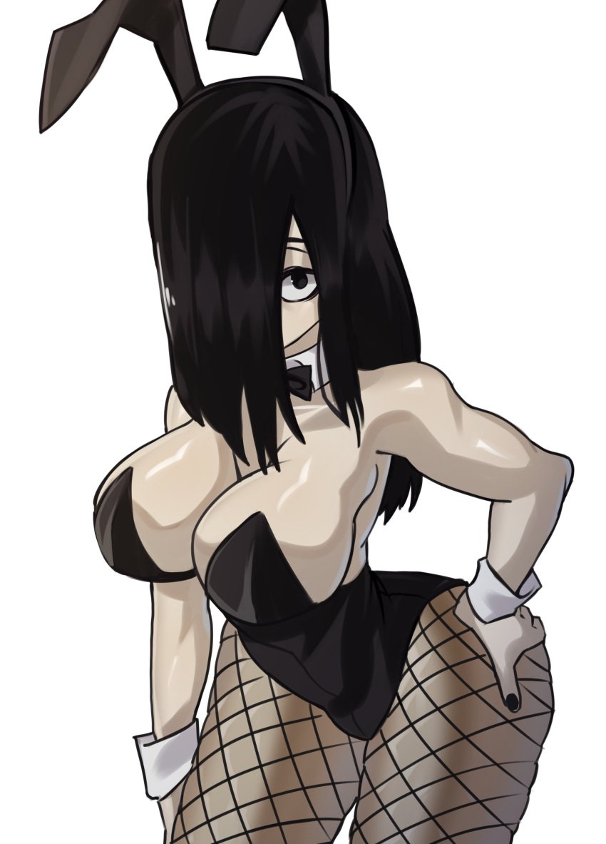 1girls animal_ears bags_under_eyes bare_shoulders black_footwear black_hair black_leotard bow bowtie breasts bunnysuit cleavage detached_collar fake_animal_ears female fishnets hair_over_eyes hair_over_face high_heels highres ju-on leotard long_hair looking_at_viewer moxydrawsmore pantyhose playboy_bunny rabbit rabbit_ears saeki_kayako simple_background strapless strapless_leotard sweat the_grudge the_ring tray white_background wrist_cuffs yamamura_sadako