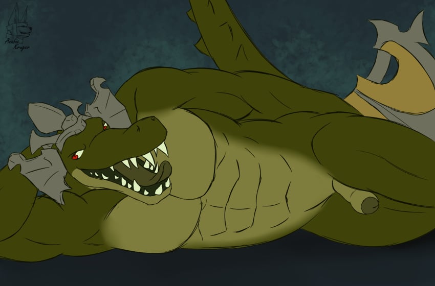 1boy 2014 abs alligator anthro anubiskruger biceps happy headgear hi_res league_of_legends looking_at_viewer lying male male_only manly muscles on_floor on_side open_mouth pecs penis renekton reptile scalie sharp_teeth smile solo teeth tongue tongue_out uncut