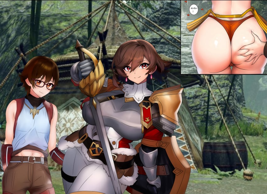 1boy 1girls age_difference armor armored_female armored_gloves ass ass_focus ass_grab behind_view big_ass big_breasts bikini bikini_bottom brown_hair camping capcom chorquistudios clothes comic cute_face cute_male dialogue fiorayne glasses huge_ass huge_breasts human looking_at_viewer milf moan moaning moaning_in_pleasure monster_hunter monster_hunter_rise river shield size_difference smile sword taller_female taller_girl text text_bubble