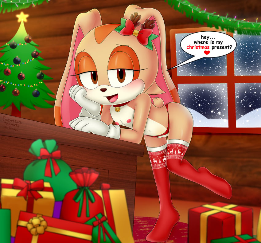 1girls 2020s 2023 absurd_res aged_up animal_ears anthro bare_hips bare_shoulders bedroom_eyes bell blush bow box brown_eyes christmas christmas_ornaments christmas_tree cream_the_rabbit cub desk english_text eyelashes female flat_chest full_body furry furry_female gift gift_box gloves half-closed_eyes head_on_hand heart hi_res hips indoors long_ears looking_at_viewer mobian_(species) navel nipples nude nude_female open_mouth panties rabbit_humanoid ribbon seductive sega smile snow snowing solo sonic_(series) standing standing_on_one_leg stockings stomach tail takaneru thighhighs white_gloves