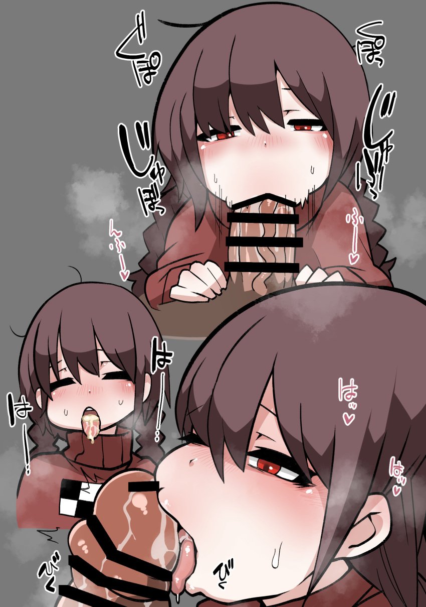 1boy 1girls blowjob brown_hair fellatio female light-skinned_female light_skin madotsuki male male/female oral penis red_eyes yume_nikki zabutorakoro