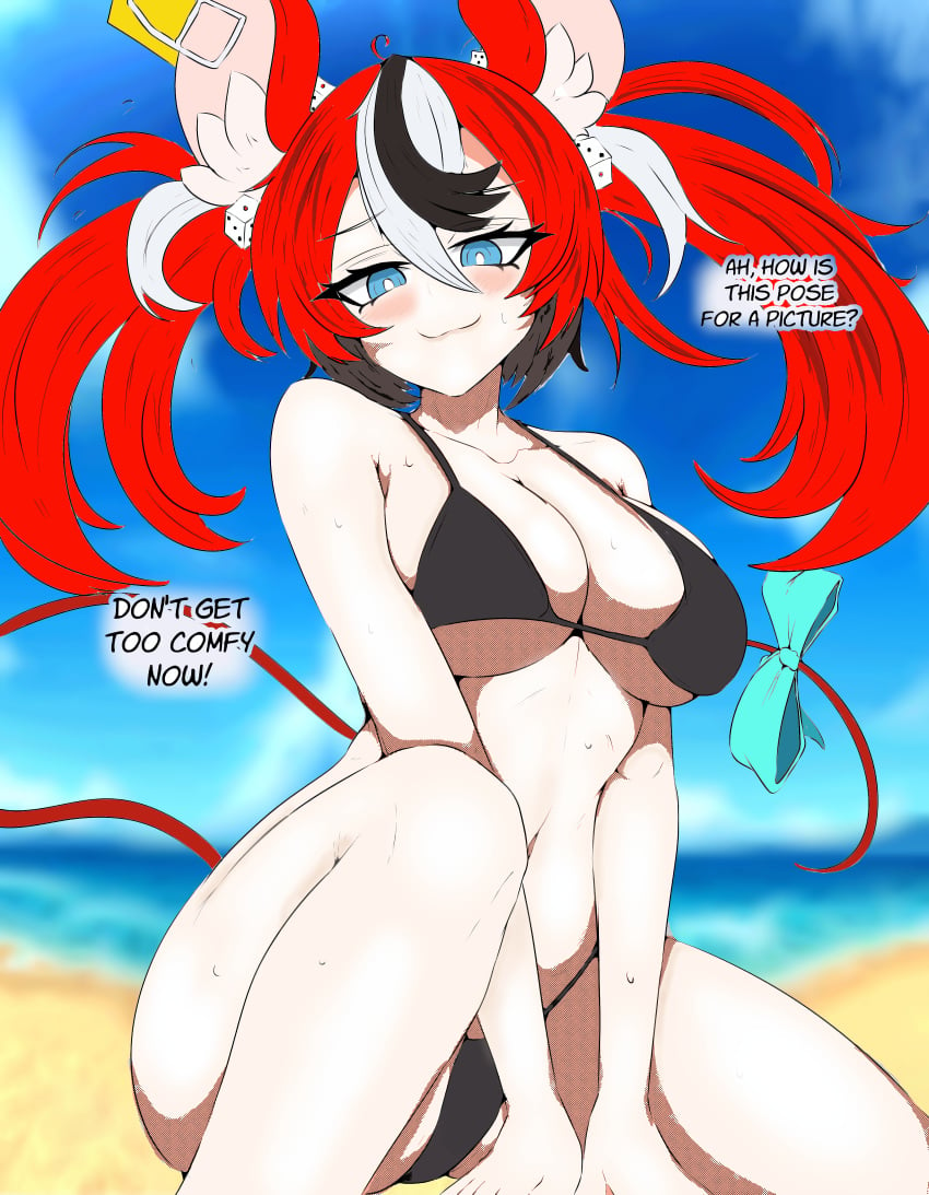 :3 arms_between_legs beach bikini blurry_background blush color dialogue english_text hakos_baelz hololive hololive_english hololive_english_-council- hololive_english_-promise- huge_breasts looking_down mayoartworks photoshoot posing simple_shading sketchcolor sweaty text thick_thighs virtual_youtuber wide_hips