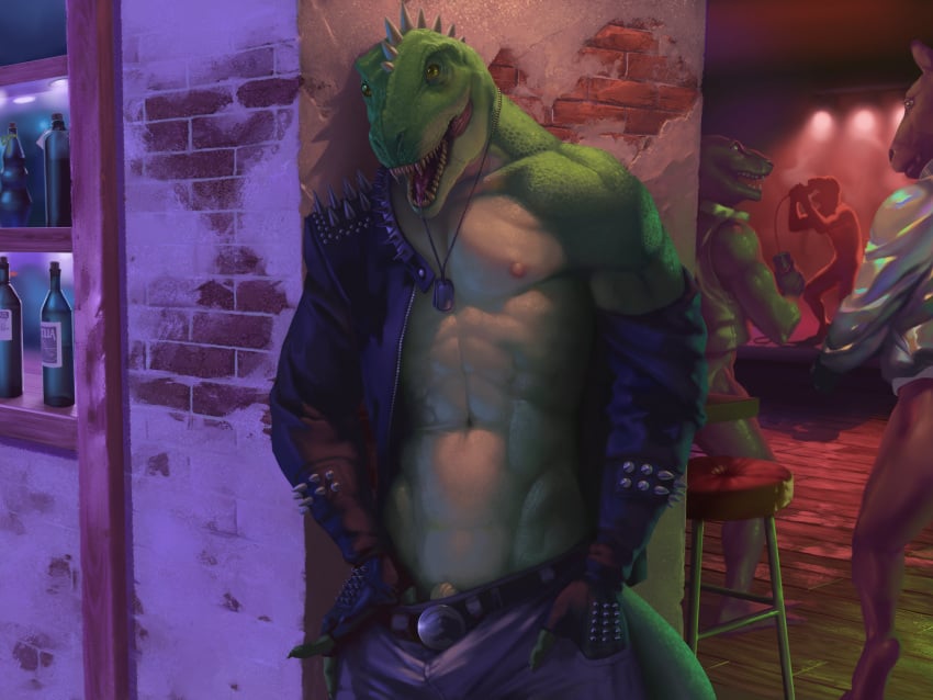 4:3 alternative_fashion anthro bar bodily_fluids bottomless clothed clothing club dinosaur dog_tags equid equine fuzzle_(artist) genitals group hi_res horse jacket male mammal nipples partially_clothed penis penis_base prehistoric_species punk reptile rocco_(tallion) saliva scales scalie solo_focus spikes topwear underwear underwear_down