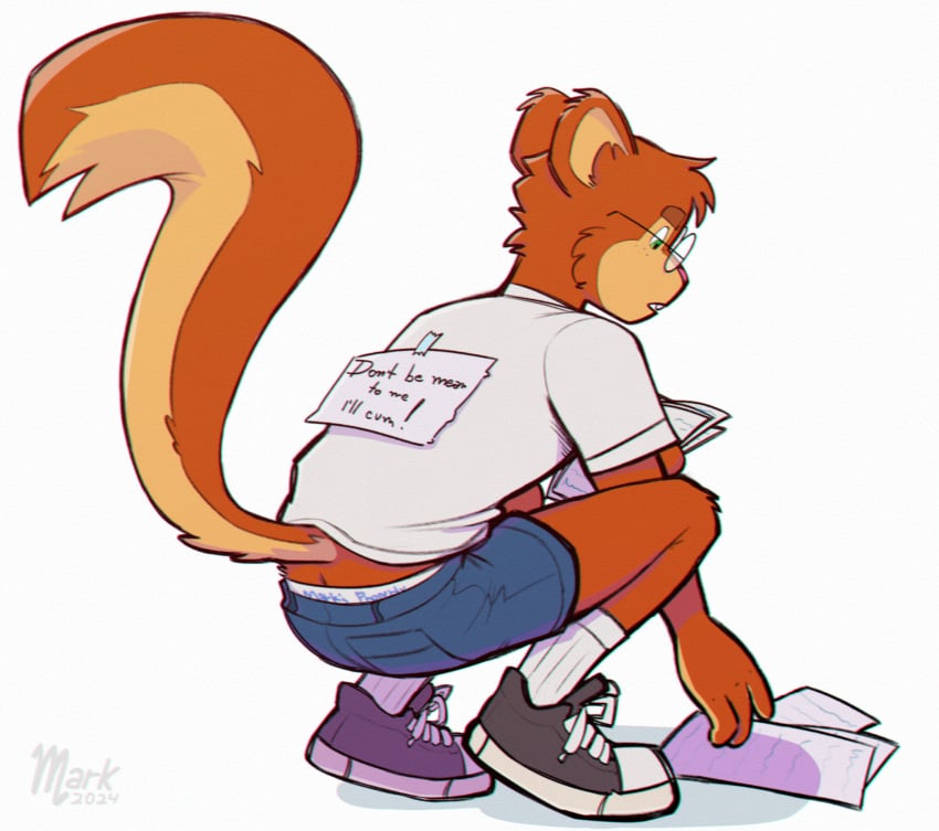 anthro ass black_sneakers black_text blue_bottomwear blue_clothing blue_shorts blue_text bottomwear bullying clothed clothing colin_(markybuns) crouched_over english_text eyewear fully_clothed fur glasses hi_res male mammal markybuns note orange_body orange_fur pink_nose profanity rodent sciurid sexual_ownership shirt shorts solo t-shirt tan_body tan_fur tape text topwear tree_squirrel underwear white_clothing white_shirt white_t-shirt white_topwear white_underwear