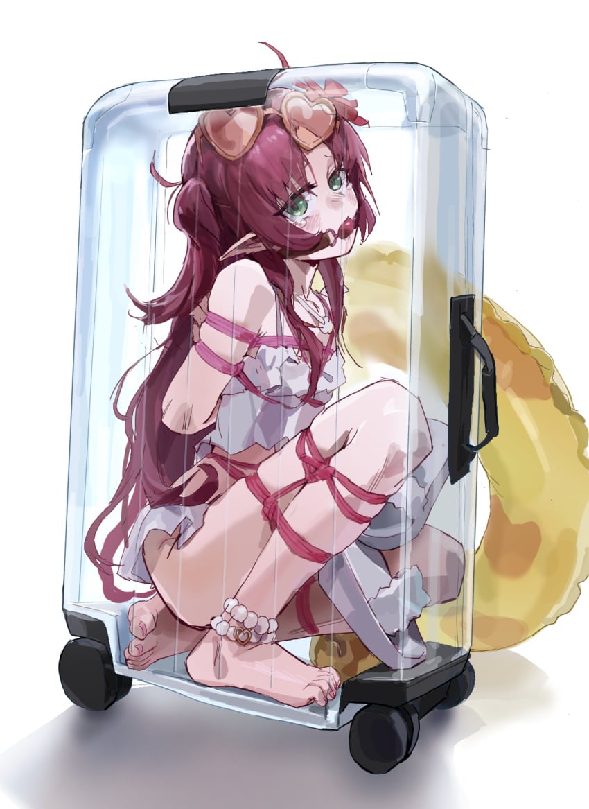 a_tea arknights arms_behind_back ball_gag bondage bondage bondage bound breasts gag glasses green_eyes heart heart-shaped_eyewear highres inflatable_toy myrtle_(arknights) myrtle_(summer_flowers)_(arknights) pointy_ears red_hair restrained sandals suitcase swimsuit