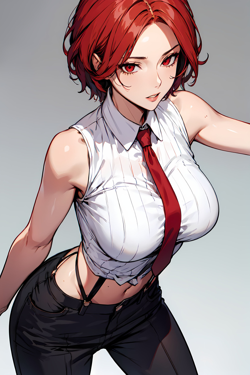 ai_generated big_breasts female king_of_fighters light-skinned_female light_skin looking_at_viewer pants red_eyes red_hair shirt short_hair tie vanessa_(kof) white_skin