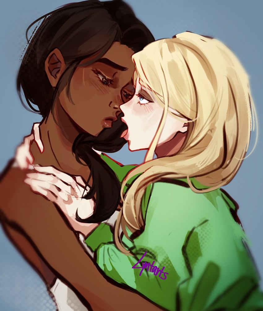 2girls after_kiss black_hair blonde_hair dark_skin green_shirt kissing lyntarts meme nice_wig_by_the_way original_character pants shirt tank_top twitter white_pants white_tank_top yuri